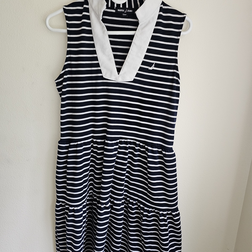 Nautica Navy & White Striped Sleeveless V-Neck Dress-Like New!